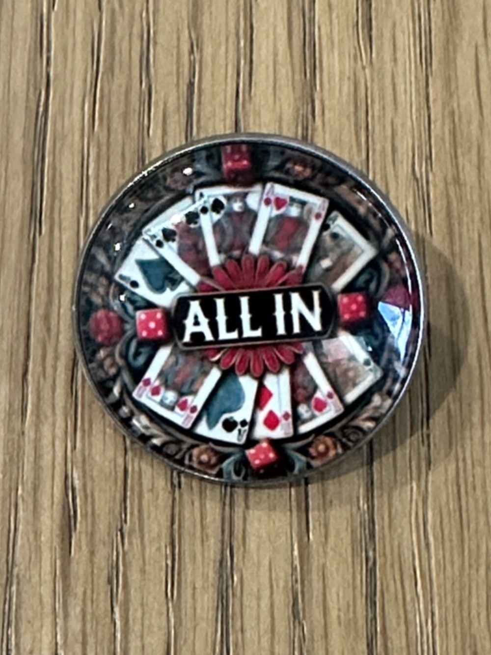 All In Poker Button Pin - Red, Black, White